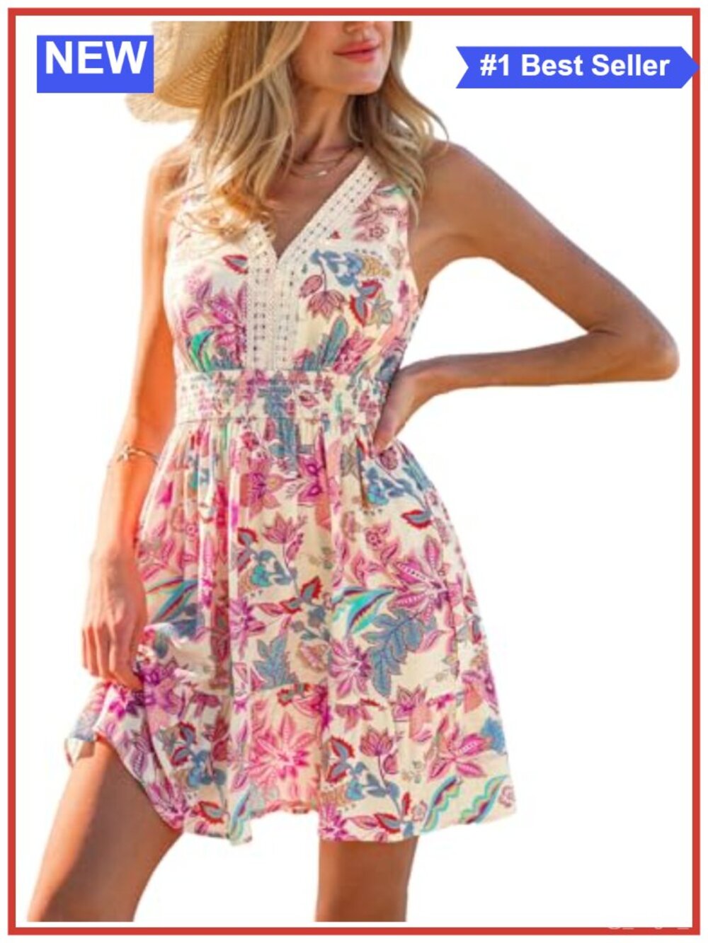 CUPSHE Women's Floral Mini Dress Lace Trim Smocked Waist Vacation